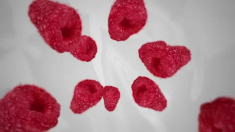 Raspberries spiraling and falling in the white milk  slow motion Stock Footage 258478955