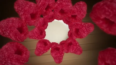 Raspberries spiraling and falling in the white milk  bowl slow motion Stock Footage 258479010