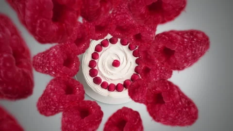 Raspberries spiraling and falling on a white cake slow motion Stock Footage 258520842