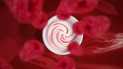 Raspberries spiraling and falling in the yogurt bowl slow motion Stock Footage 258517737