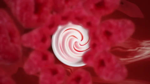 Raspberries spiraling and falling in the yogurt bowl slow motion Stock Footage 258518405