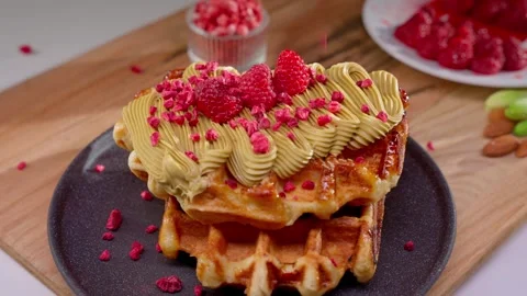Raspberry-Adorned Belgian Waffle with Gourmet Frosting. Luxurious Belgian waffle Stock Footage 272319935