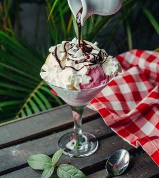 Raspberry and apple ice cream topped with whipped cream and chocolate sauce Stock Photos