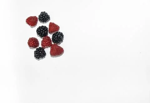 RASPBERRY AND BLACKBERRY on a white background with space for the text Stock Photos