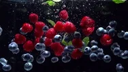 Raspberry And Blueberry. Berries Splashing Into Water On Black Background Stock Footage