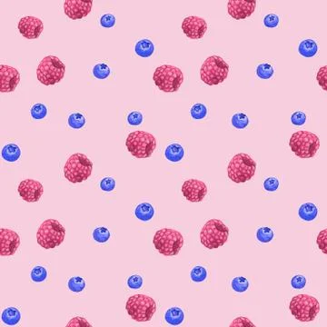 Raspberry and blueberry. Seamless pattern on pink background. Hand drawn wate Stock Illustration