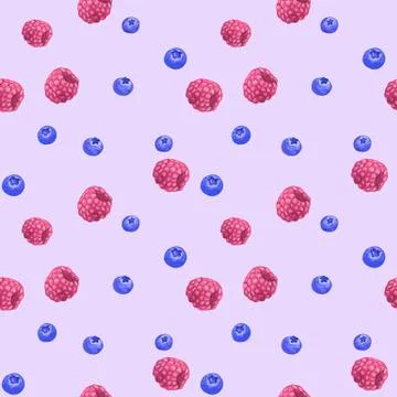 Raspberry and blueberry. Seamless pattern on violet background. Hand drawn wa Stock Illustration