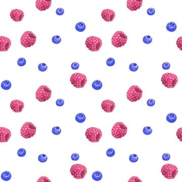 Raspberry and blueberry. Seamless pattern on white background. Hand drawn wat Stock Illustration