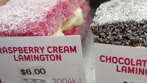 Raspberry and Chocolate Cream Lamingtons displayed for sale Stock Footage 342353897