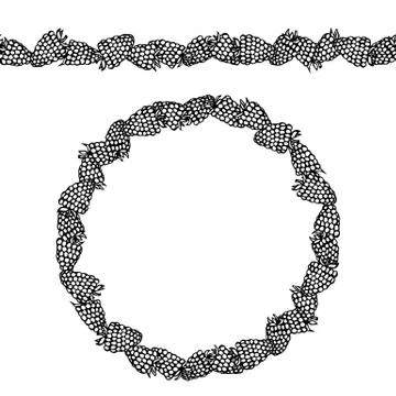 Raspberry and Green Leaves Endless Brush, Border. Round Wreath with Summer Be Illustrazione stock
