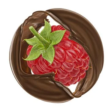 Raspberry and round chocolate splash isolated on white background Stock Photos