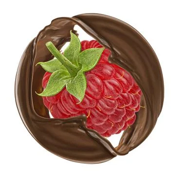 Raspberry and round chocolate splash isolated on white background Falling ... Stock Photos