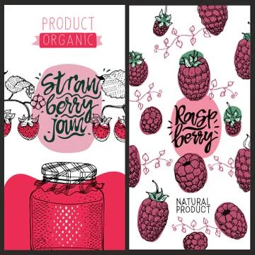 Raspberry and strawberry banners. Set of cute creative card templates with st Stock Illustration