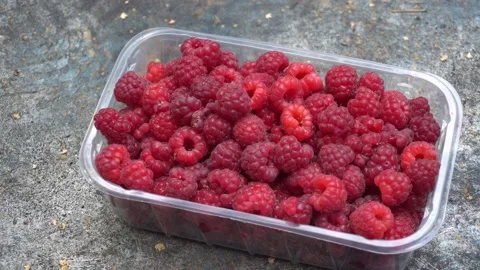 Raspberry berries in a box on the table Stock Footage 139688641