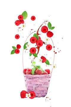 Raspberry berries levitating on a white background. Isolated object on a whit Foto stock