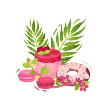 Raspberry berry cake, two muffins and a chocolate donut in pink icing. Vector Stock Illustration