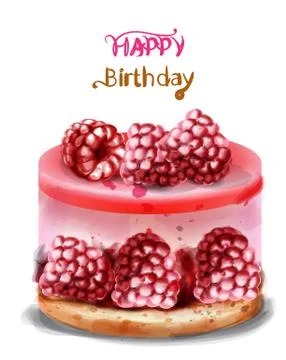 Raspberry birthday cake Vector watercolor. Happy birthday delicious cards 스톡 일러스트