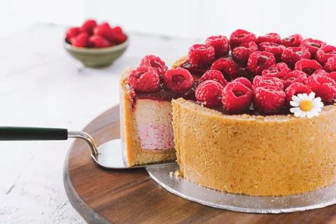 Raspberry Cake Slice Served With Fresh Berries Stock Photos