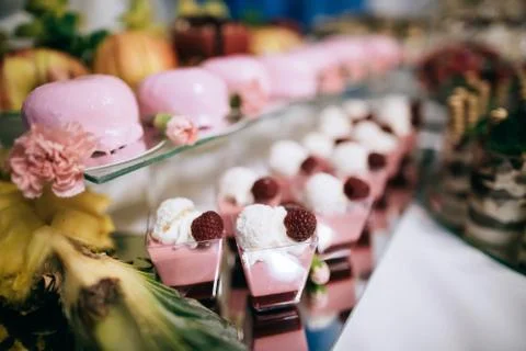 Raspberry cake on wedding table, delicious fruit handmade dessert. Stock Photos