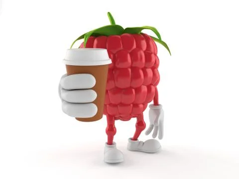 Raspberry character holding coffee cup Stock Illustration