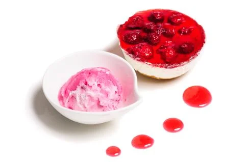 Raspberry cheese cake and ice cream ball Stock Photos