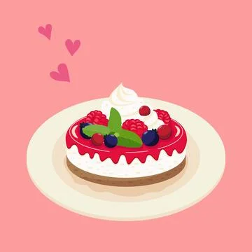 Raspberry cheesecake, sweet fruit dessert with whipped cream on plate, vector. Stockillustratie