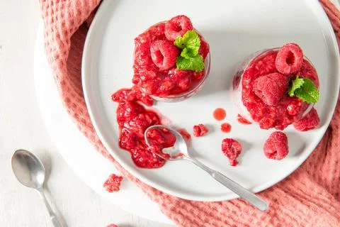 Raspberry chia seed pudding from a top view with copy space Stock Photos