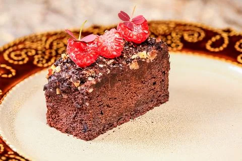 Raspberry Chocolate Slice, Elegant Plate Stock Photos