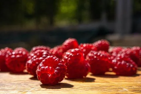 Raspberry close up macro on a wood background. Nature background. Fresh fruit. Foto stock