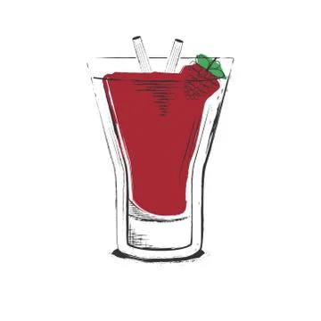 Raspberry cocktail. Hand drawn vector illustration in sketch retro style. Stock Illustration