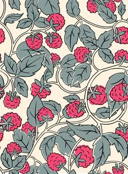Raspberry Coloring Book seamless Pattern. Black countour on white background Stock Illustration