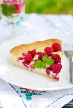 Raspberry Cream Tart, copy space for your text Stock Photos