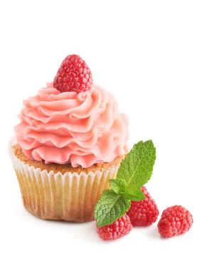 Raspberry cupcake with fresh berries isolated on white Stock Photos