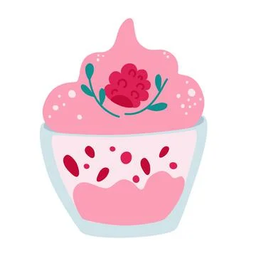 Raspberry dessert. Glass jar with raspberry dessert. Panna cotta. Traditional Stock Illustration