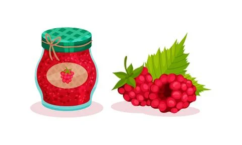 Raspberry Dessert with Jam in Glass Jar Vector Set Stock Illustration
