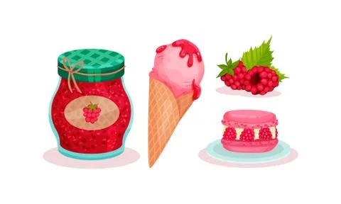 Raspberry Dessert with Jam in Glass Jar and Ice Cream in Waffle Cone Vector Set Stock Illustration