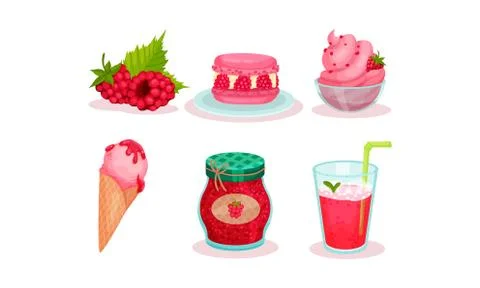 Raspberry Desserts, Jams Drinks Vector Illustration Set Isolated On White Stock Illustration
