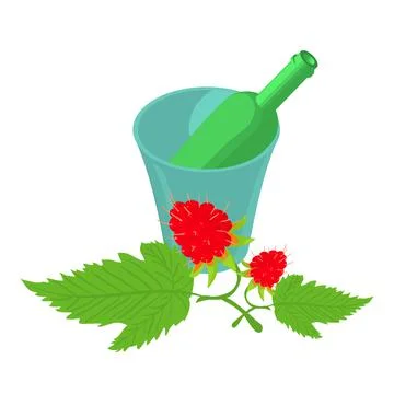 Raspberry drink icon isometric vector. Raspberry branch and bottle in ice bucket Stock Illustration