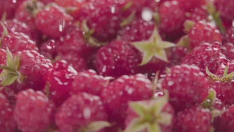 Raspberry falling in juice with splash between raspberries. Slow motion. Stock Footage 92678674