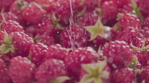 Raspberry falling in juice with splash between raspberries. Slow motion. Stock Footage 92678711