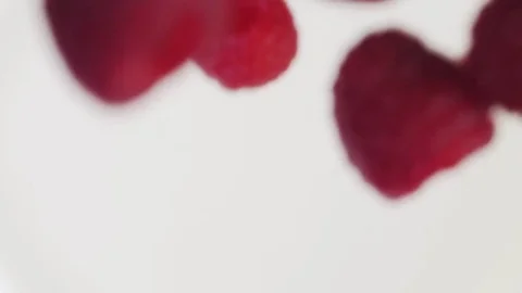 Raspberry falling into milk Stock Footage 85075258