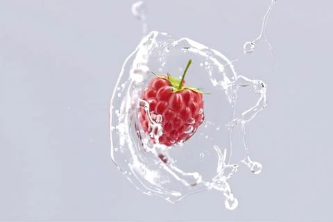 Raspberry falling in water splash mockup, depth of field Illustrazione stock