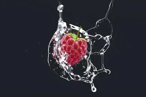 Raspberry falling water splash mockup, depth of field, dark background Stock Photos