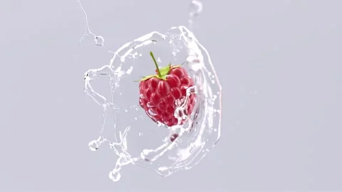Raspberry falling in water splash slow motion, depth of field Stock Footage 285416096