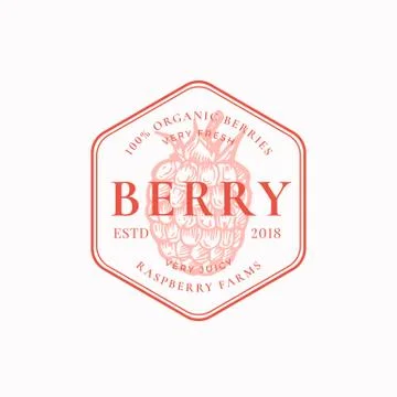 Raspberry Farm Badge or Logo Template. Hand Drawn Berries Sketch with Retro Stock Illustration