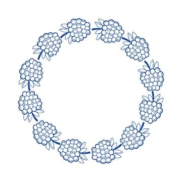 Raspberry frame vector blue line art doodle round berry wreath for summer 스톡 일러스트