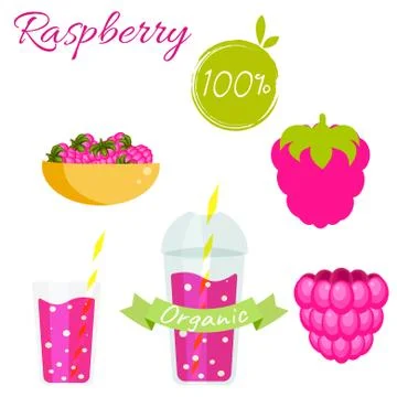Raspberry fruit and smoothie juice vector set Stock Illustration