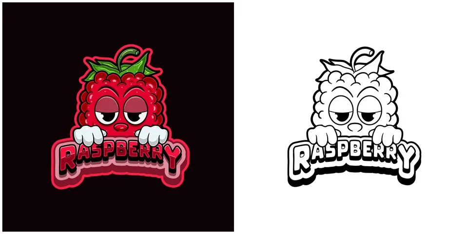 Raspberry fruit cartoon logo with  text and a high expression. Full color a.. Stock Illustration