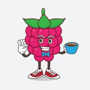 Raspberry Fruit cartoon mascot character with a cup of coffee Stock Illustration