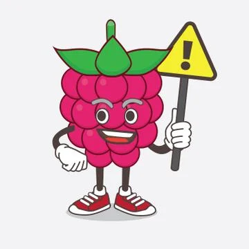 Raspberry Fruit cartoon mascot character rise up a warning sign Stock Illustration